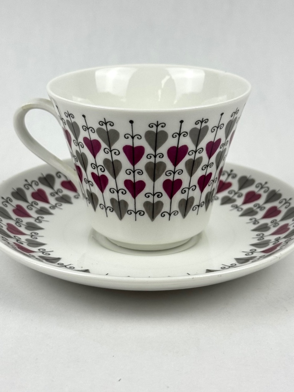 Vintage MCM Rorstrand Hjarta Tea Cup Mug and Saucer Set Pink Gray Hearts Sweden